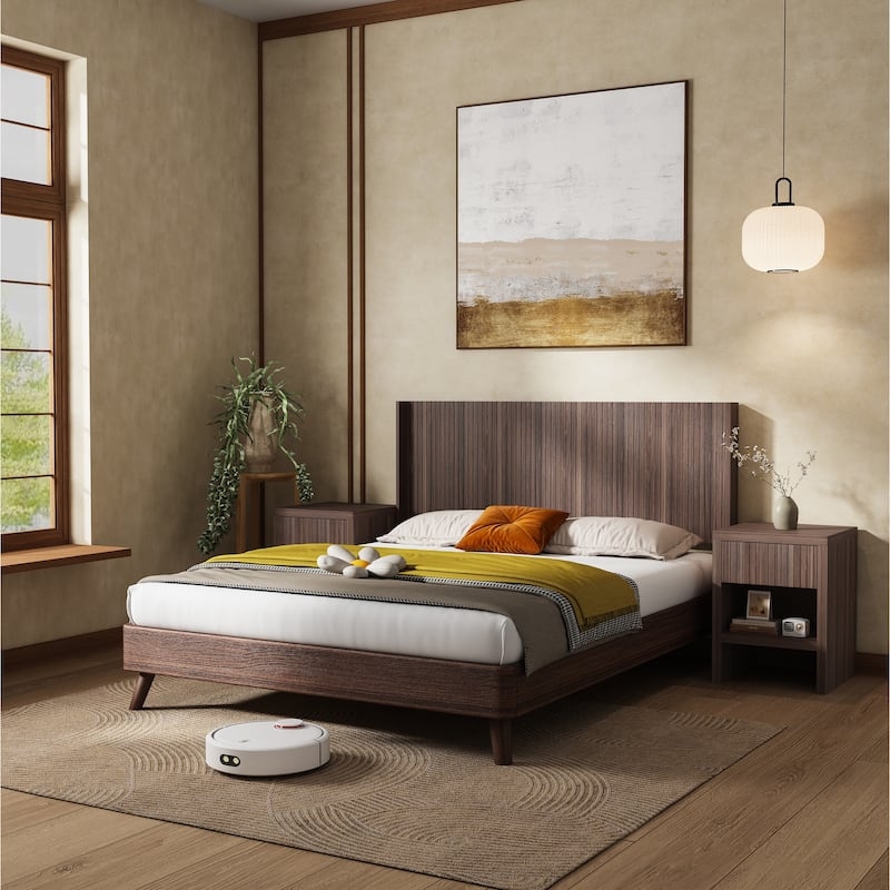 King Headboard: Walnut Fluted Panel, Tapered Legs, Mid-Century Modern