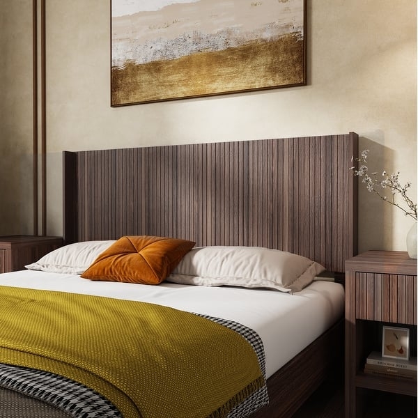 King Headboard: Wide Wall Mounted Fluted Panel, Walnut Brown Finish