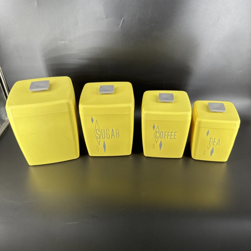Kitchen Canister Set Diamond Motifs Mid Century Typography Yellow