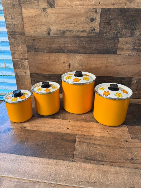 Kitchen Canister Set Floral Pattern Lids Enamel Yellow Orange