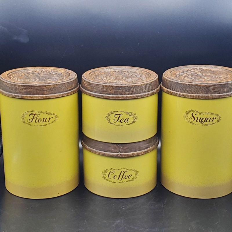 Kitchen Canister Set Fruit Motif Lids Stackable Metal Harvest Yellow