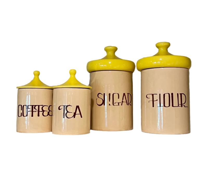 Kitchen Canister Set Vintage Typography Cream Body Lemon Lids