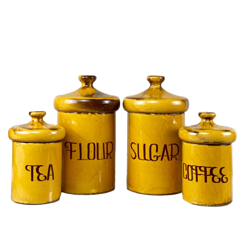 Kitchen Canisters Mushroom Top Lids Stylized Typography Gold Yellow