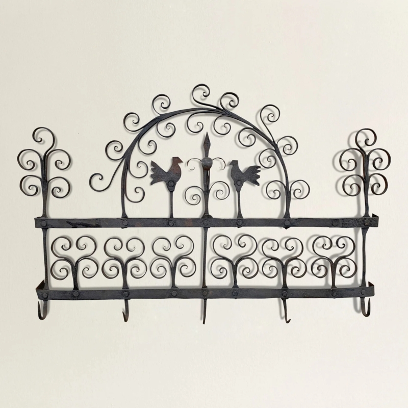 Kitchen Hook Rack Bird Motifs Heart Scrolls Hand Forged Antique Iron