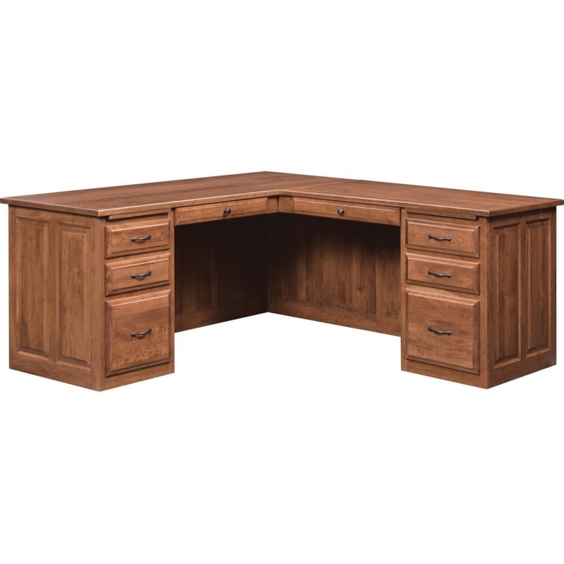 L-Shape Desk Dual Pedestal Bail Pulls Craftsman Style Warm Brown