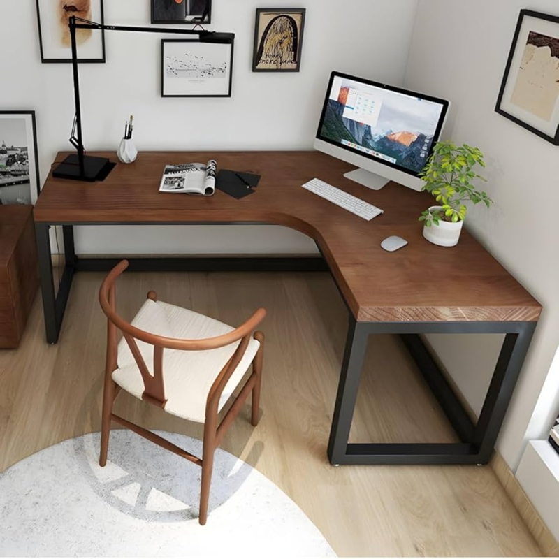 L-Shape Desk Thick Slab Top Right Hand Return Open Metal Frame Walnut