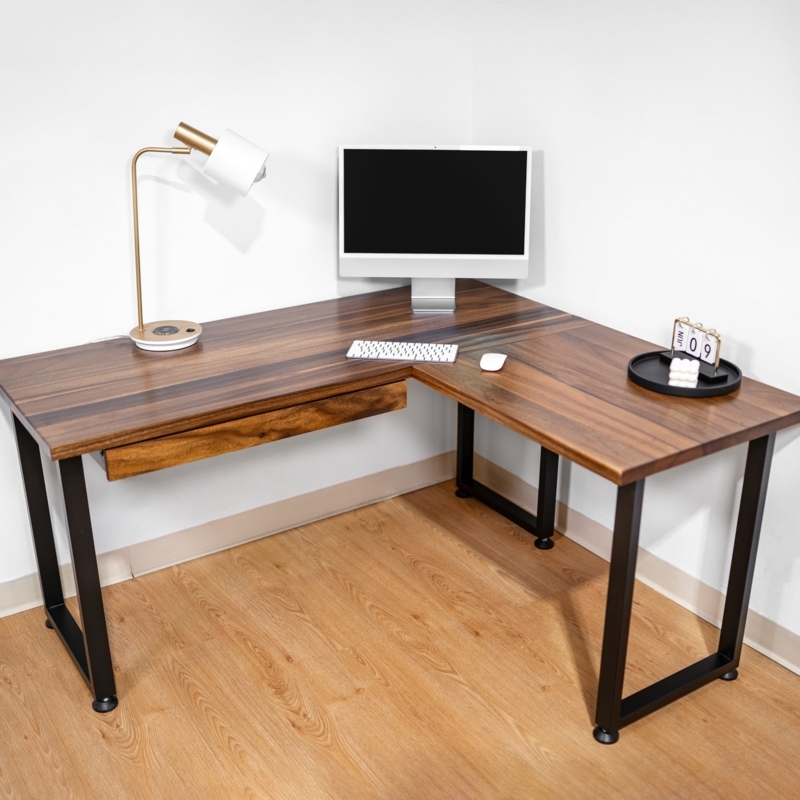 L-Shaped Corner Desk Solid Wood Top Integrated Drawer U-Shaped Legs