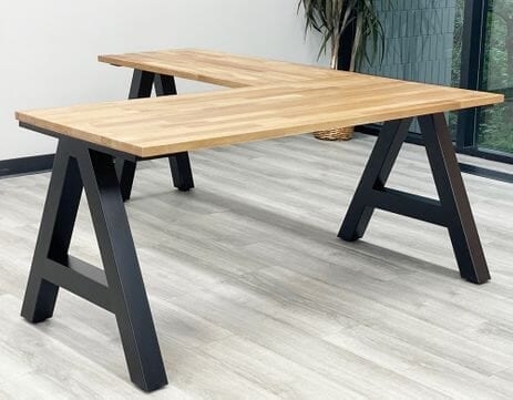 L-Shaped Desk A-Frame Base Butcher Block Top Black Legs Light Wood