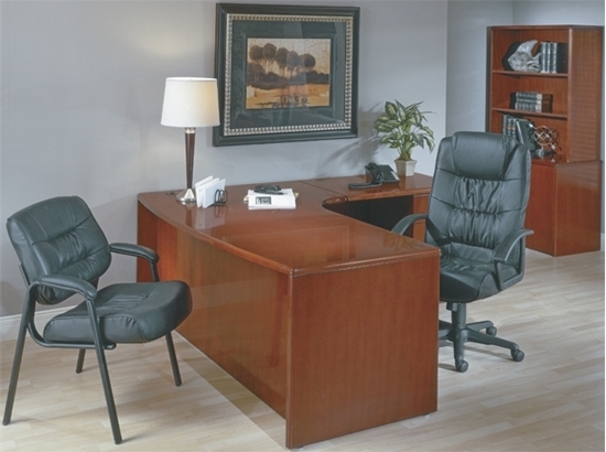 L-Shaped Desk Bow Front Glossy Finish Modesty Panel Traditional Style