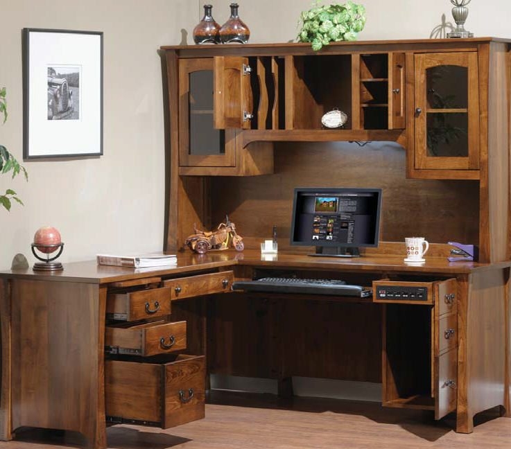 L-Shaped Desk Glass Front Hutch Integrated Power Slatted Sides Mission