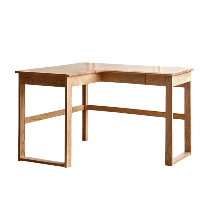 L-Shaped Desk Honey Oak Finish Rounded Corners Japandi Style Drawers