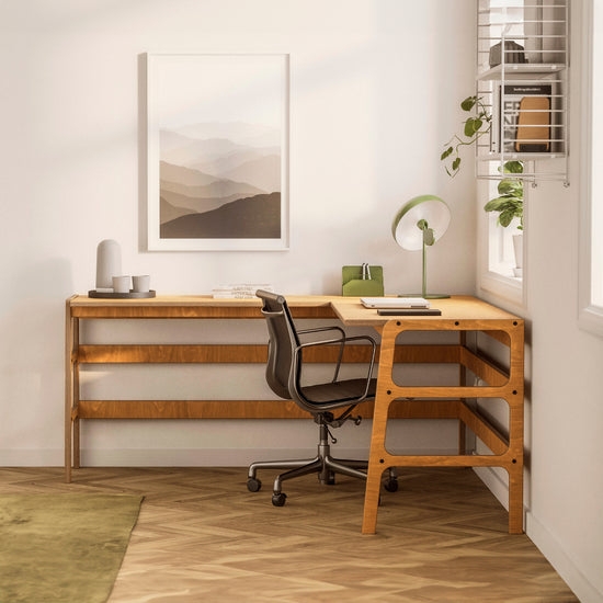 L-Shaped Desk Horizontal Slats Honey Oak Mid-Century Modern Style