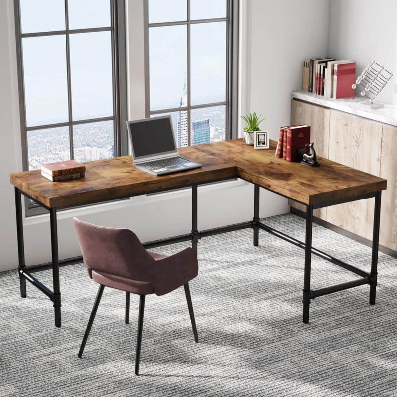 L-Shaped Desk Industrial Pipe Frame Rustic Brown Distressed Finish