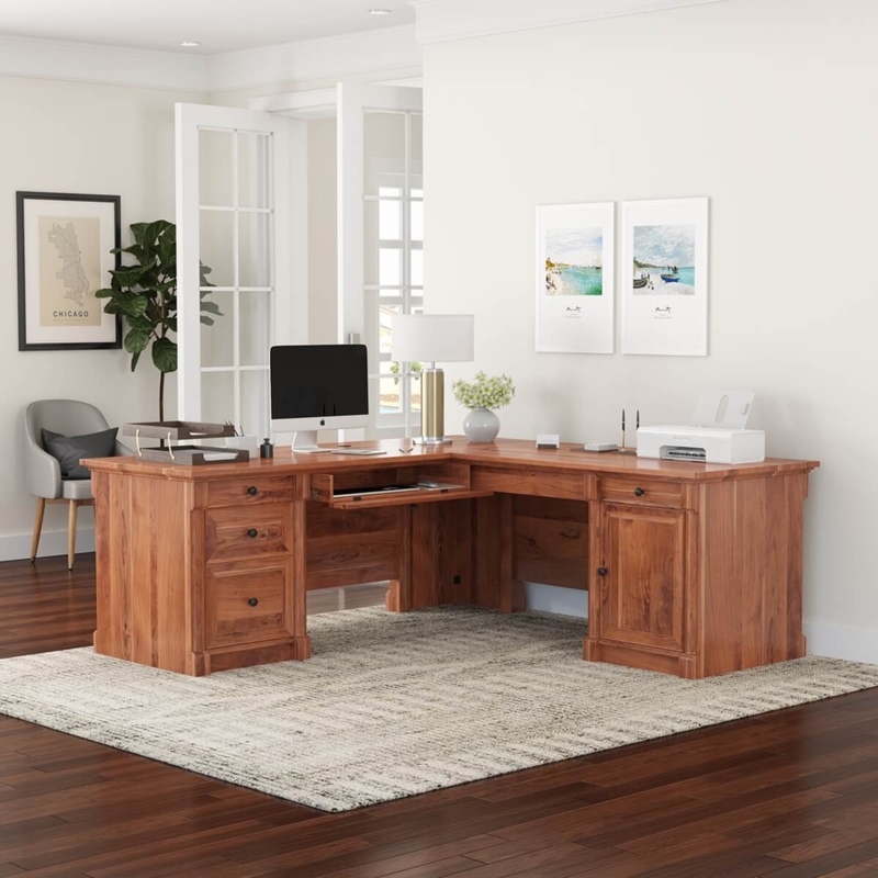 L-Shaped Desk Keyboard Tray File Drawers Paneled Fronts Warm Wood Tones