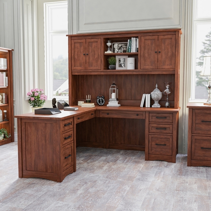 L-Shaped Desk Mahogany Brown Recessed Paneling Traditional Hutch