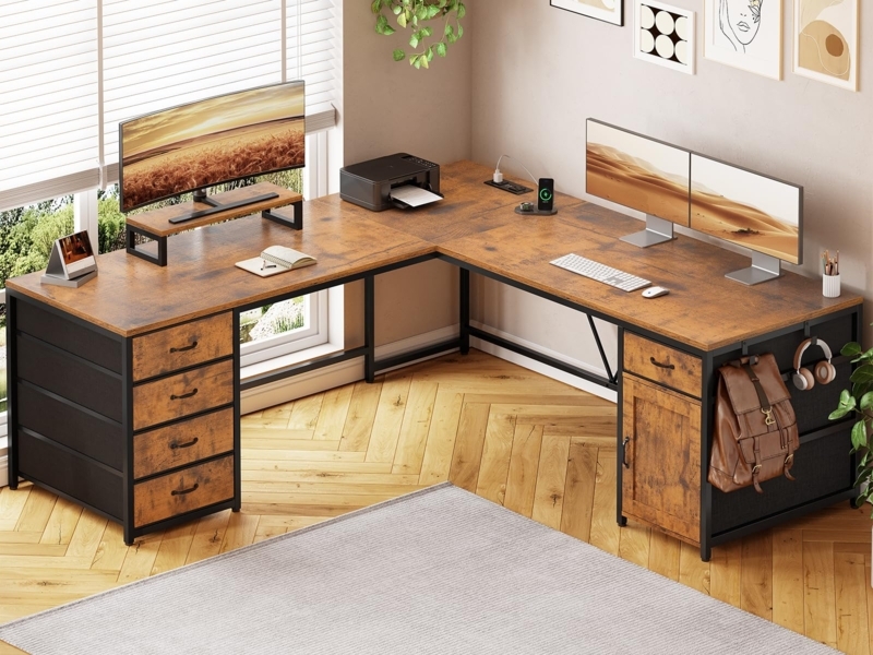 L-Shaped Desk Power Outlet Monitor Shelf Storage Cabinet Rustic Brown