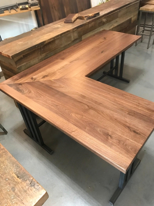 L-Shaped Desk Triple Bar Legs Adjustable Feet Walnut Brown Executive