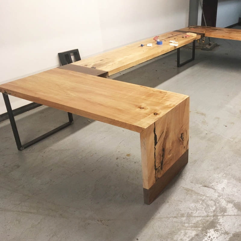 L-Shaped Desk Waterfall Edge Contrasting Wood Base Mitered Joint
