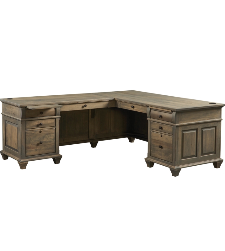 L-Shaped Desk Weathered Brown Multi Drawer Storage Rustic Tapered Feet