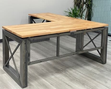 L-Shaped Desk X-Brace Design Mesh Panels Raw Metal Frame Workshop Style