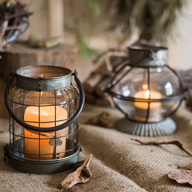 Lantern Rustic Weathered Grey Wire Cage with Corrugated Base