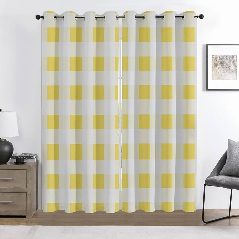 Large Scale Sunny Yellow Gingham Blackout Curtains with Grommet Top