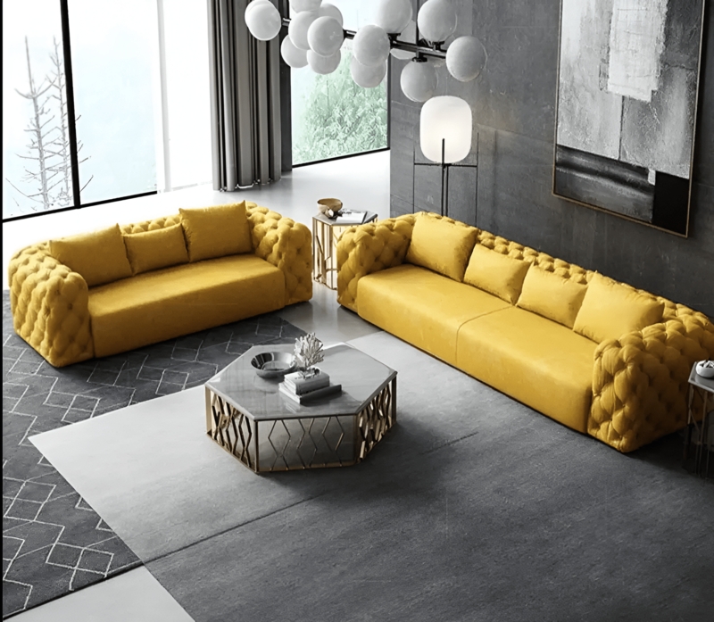 Leather Sofa Set Button Tufted Low Profile Modern Glam Style