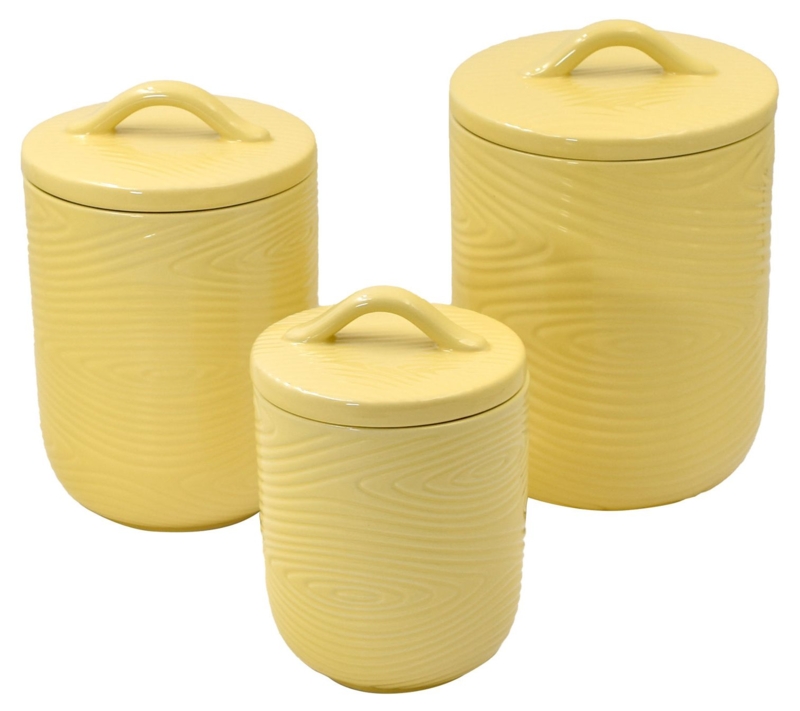 Lidded Canisters Wood Grain Texture Arched Handles Buttery Yellow