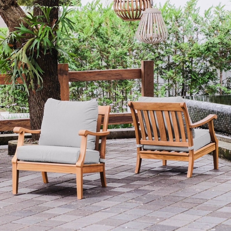 Lounge Chair Set Teak Wood Oyster Grey Cushions Curved Arms