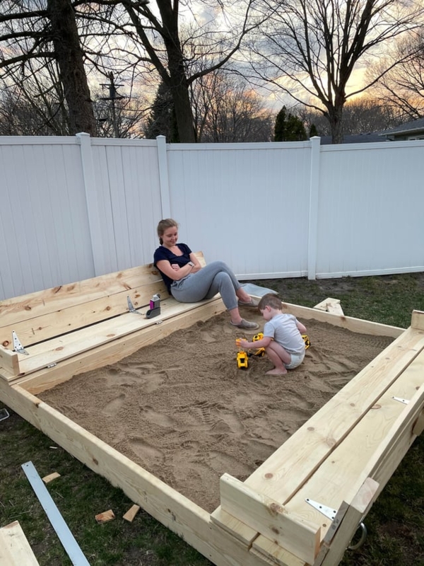 Low Profile Natural Wood Sandbox with Integrated Folding Bench Lids