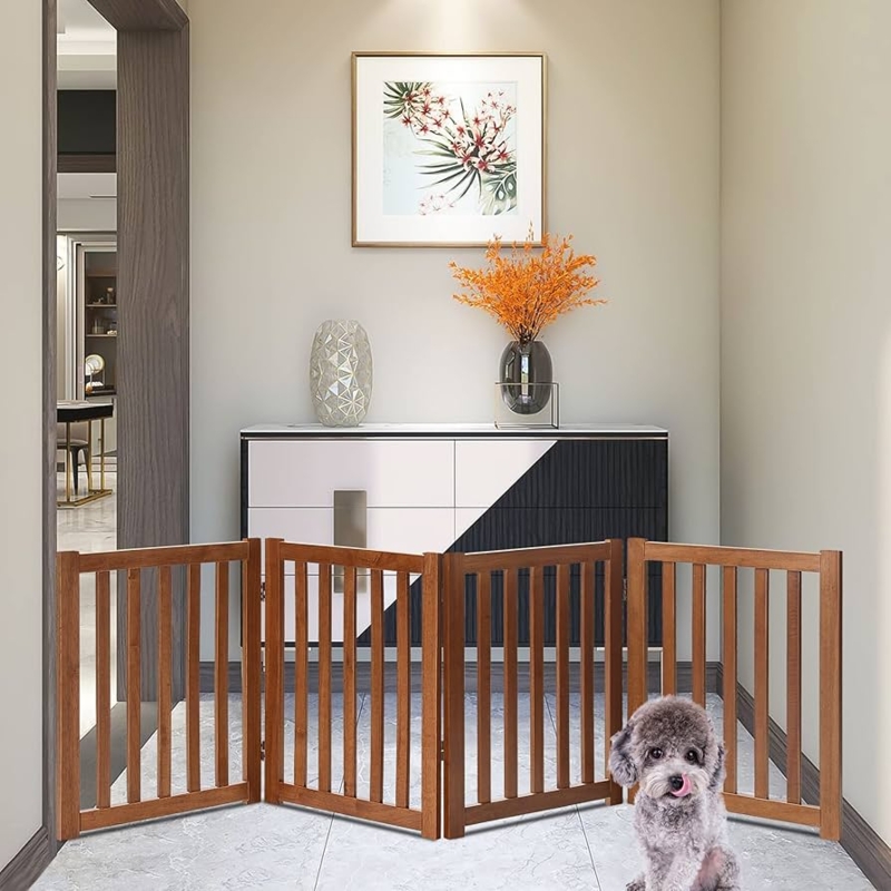 Low Profile Walnut Pet Gate Freestanding Folding
