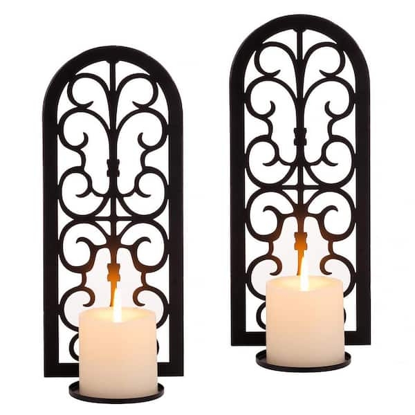 Matte Metal Wall Sconce Set Arched Top Scrollwork Flameless