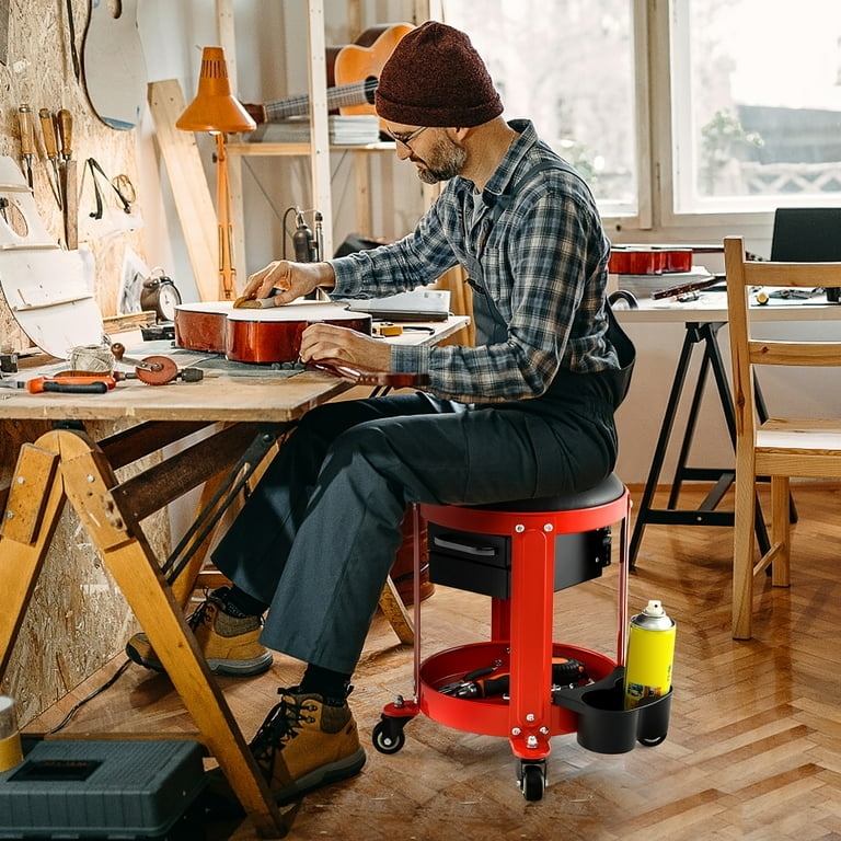Mechanic Stool Storage Drawer Vibrant Red Rolling Seat