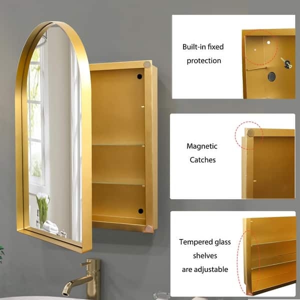 Medicine Cabinet Arched Top Gold Finish Adjustable Glass Shelves