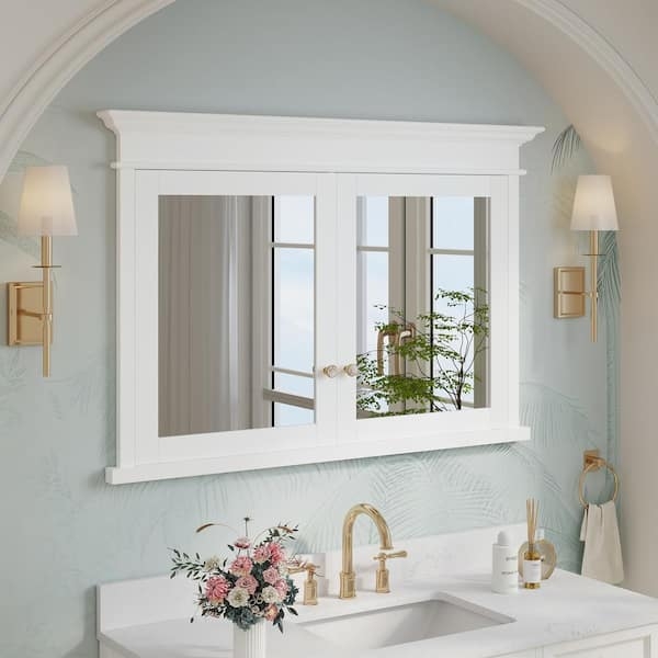 Medicine Cabinet Double Door White Recessed Crown Molding