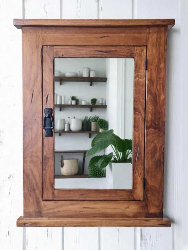 Medicine Cabinet Rustic Solid Wood Overhanging Top Ledge Drop Pull