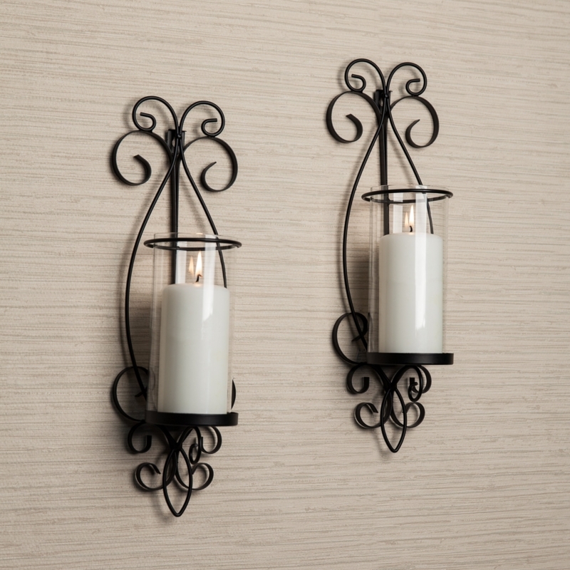 Mediterranean Wall Sconce Set Scrollwork Wrought Iron Glass Cylinder