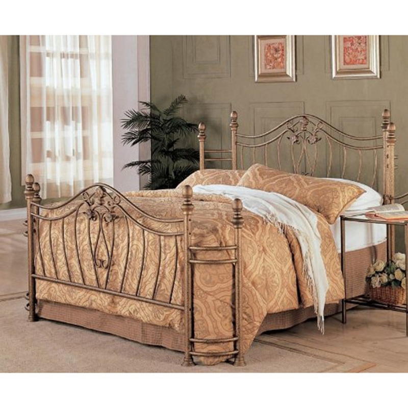 Metal Bed Antique Gold Brushed Scrolled Medallion Headboard Footboard