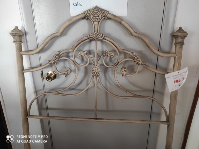 Metal Headboard Antique Gray Distressed Ornate Scrollwork