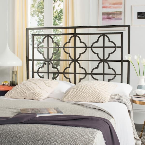 Metal Headboard Gunmetal Quatrefoil Motif Openwork Design Geometric
