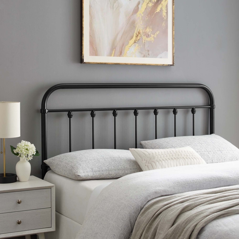 Metal Headboard Matte Black Curved Frame Spindles Vintage Industrial