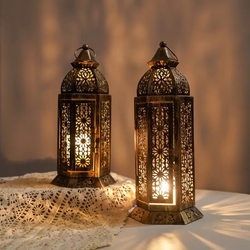 Metal Lantern Antique Gold Intricate Cutouts Hexagonal Moroccan Style