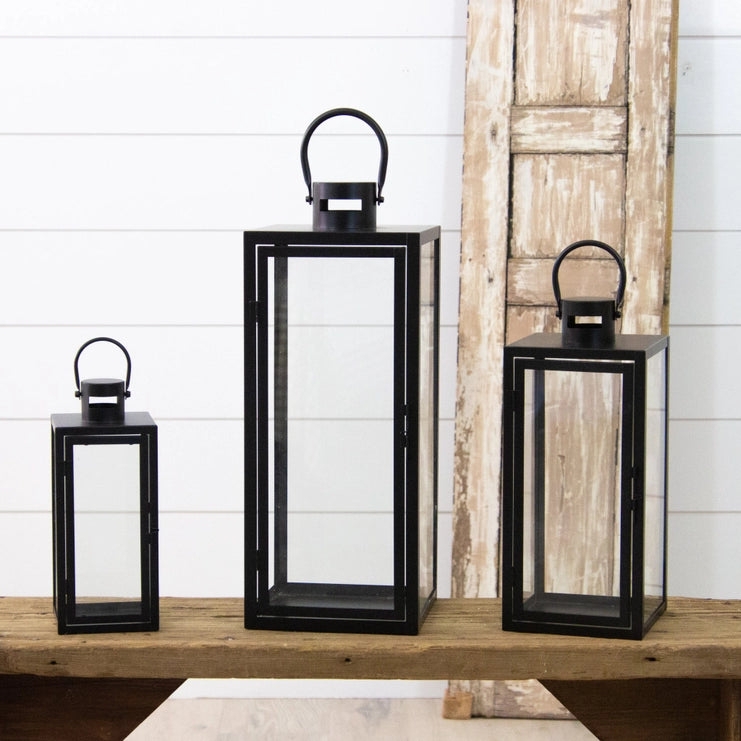 Metal Lantern Nested Set Matte Black Rectangular Frame Glass Panes