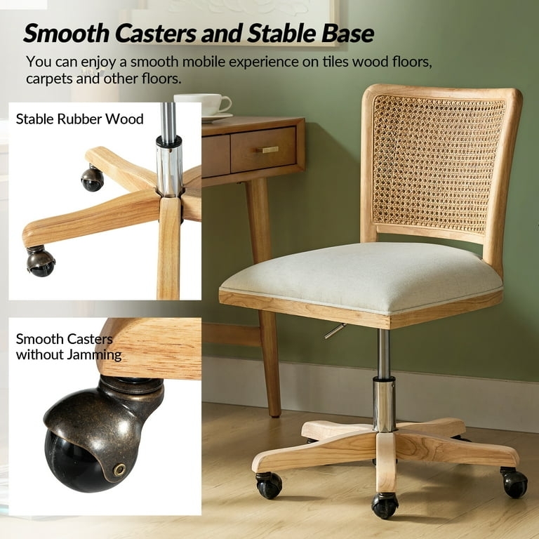Mid Century Task Chair Spherical Casters Rubber Wood Frame Rattan Back