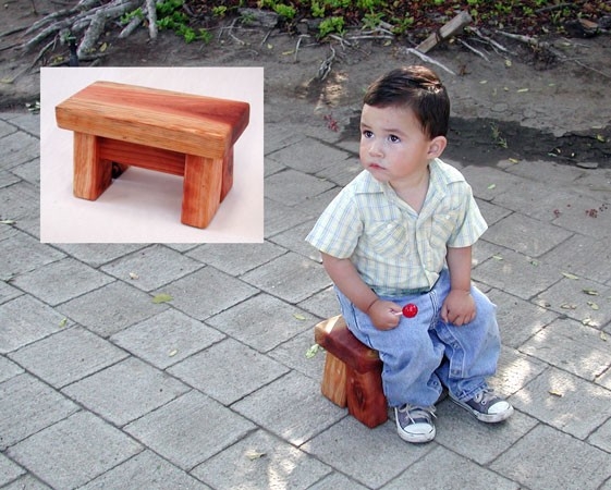 Mini Wood Foot Stool with Thick Plank Seat and Reddish-Brown Finish