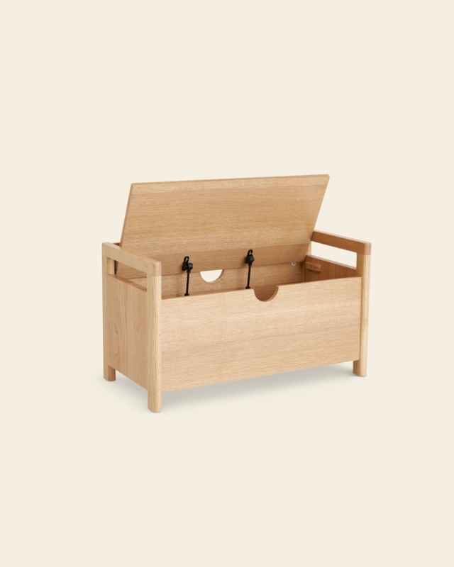 Minimalist Wooden Toy Box Oak Toned Safety Hinge Ventilation Hole