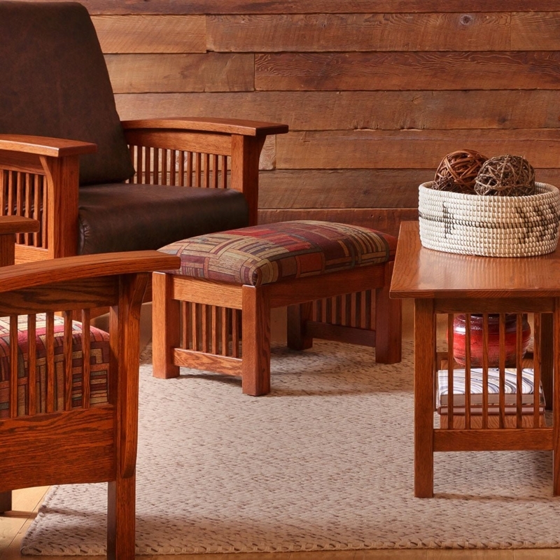Mission Ottoman Slatted Wood Base Geometric Upholstered Footstool