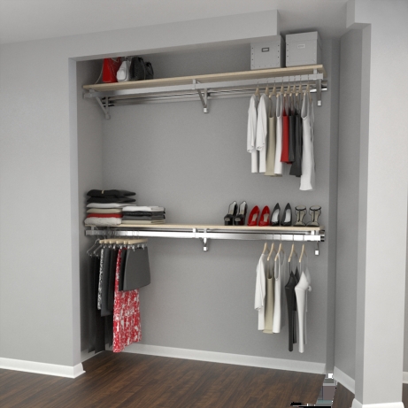 Modern Closet Organizer System with Double Hang Rods in Maple Finish