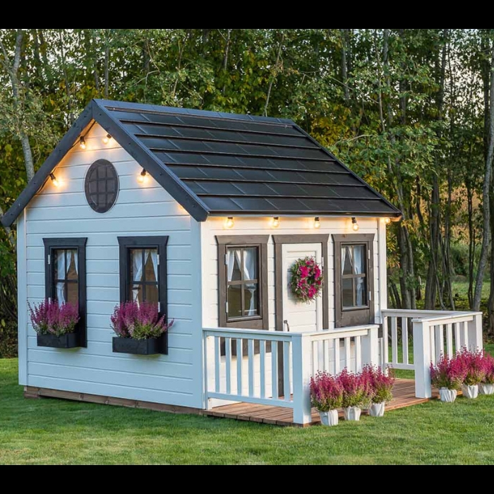 Modern Farmhouse Playhouse with Black Trim and Cafe Lights