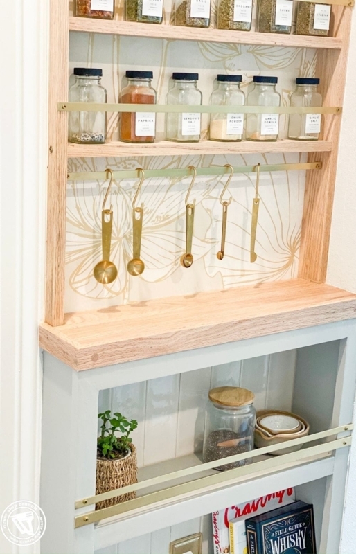 Modern Farmhouse Spice Rack with S-Hook Storage and Brass Bars
